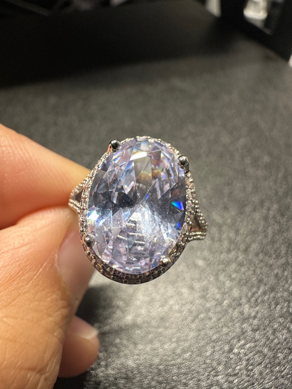 Clear Oval Halo Adjustable‎ Ring Silver Tone Statement